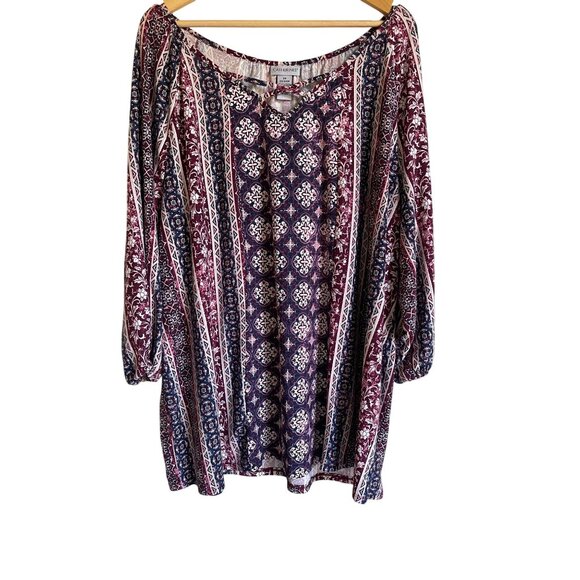 CATHERINES 2X Round Neck Floral Striped Mixed Print Boho Bohemian Tunic Long Sle - Picture 1 of 6